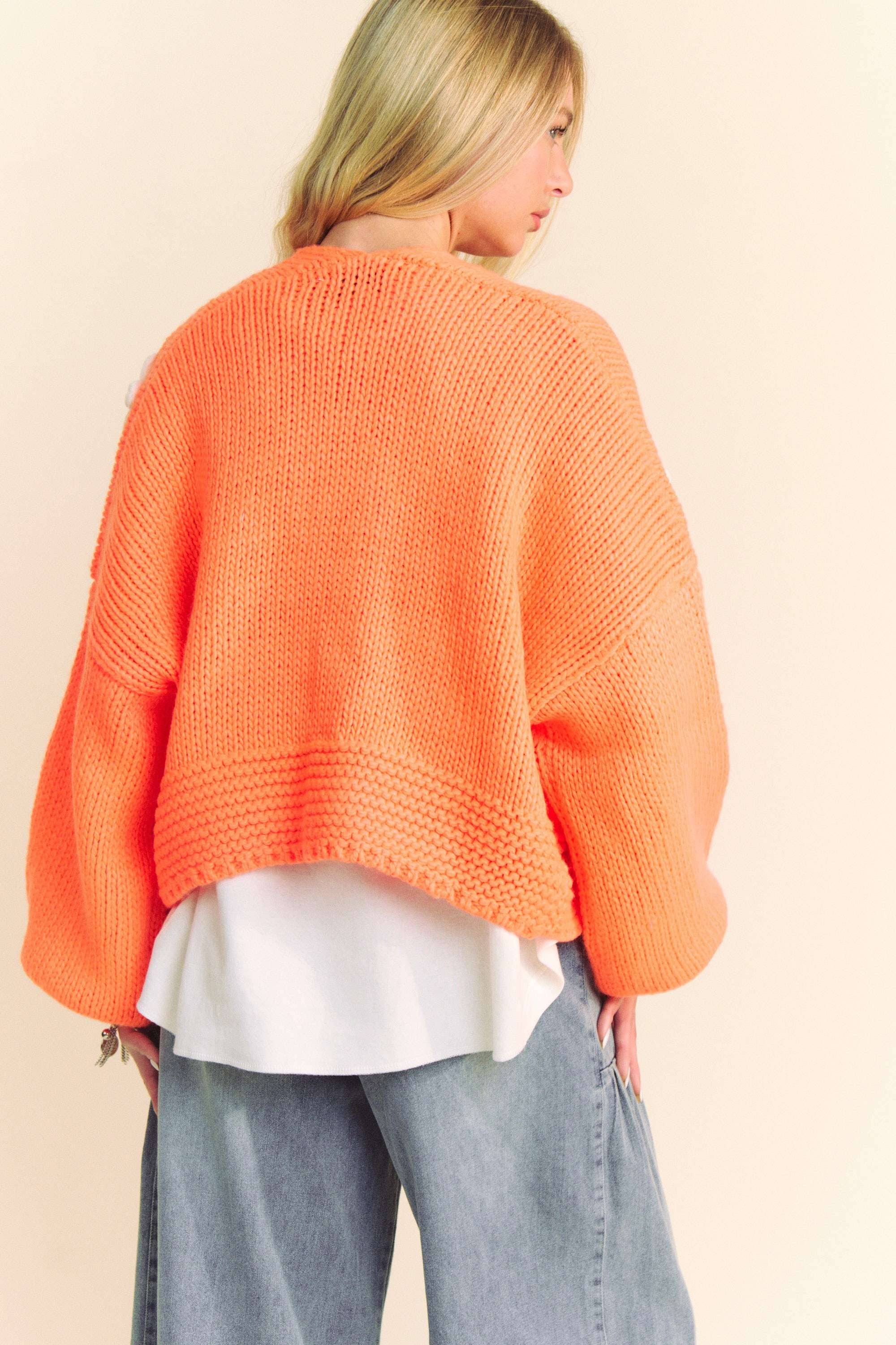 NEON ORANGE PLUS FLORAL APPLIQUE LANTERN SLEEVE CROP CARDIGAN for wholesale on Faire6