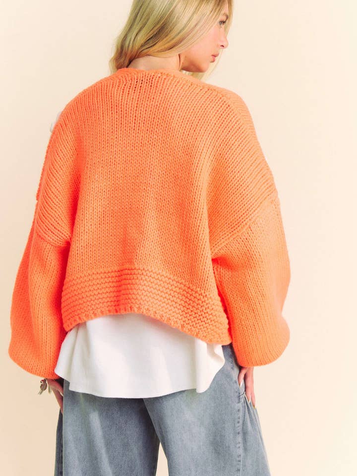 NEON ORANGE PLUS FLORAL APPLIQUE LANTERN SLEEVE CROP CARDIGAN for wholesale on Faire6