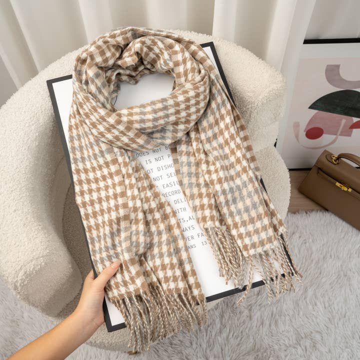 COSMOS - Wholesale Scarf - Women's - Elegant and soft black, white, and ecru checkered scarf for women