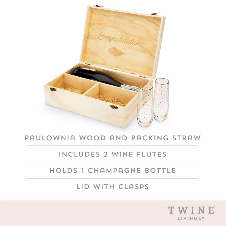 Twine - Wholesale Gift Box - Wood Champagne Gift Box w/ 2 Stemless Flutes - "Congrats"