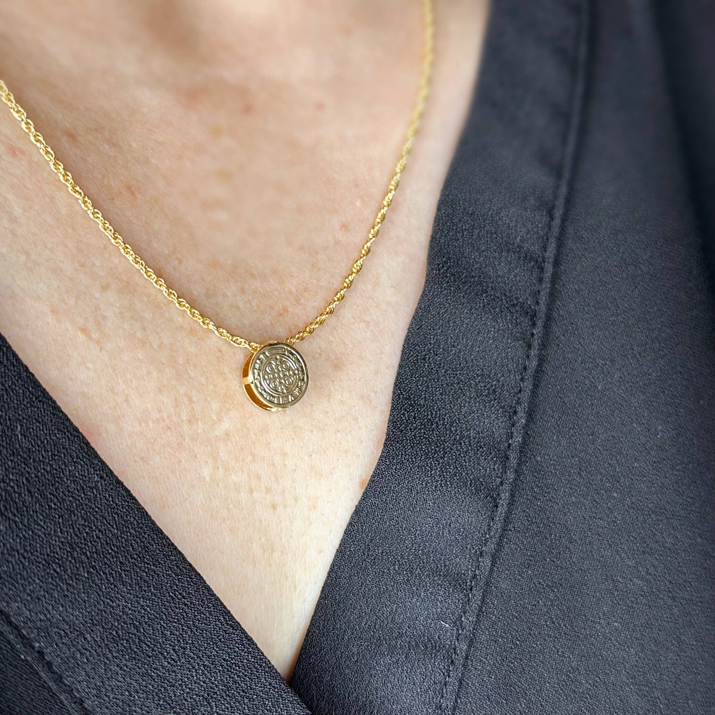 GoldFi - Wholesale Pendant/Charm Necklace - 18k Gold Filled Mini Double Sided Coin Saint Benedict Necklace3