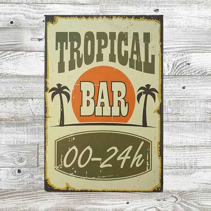 Art by Freddy B. - Wholesale Sign - Tropical Bar Tin Sign, Man Cave, Lanai and Tiki Bar Decor