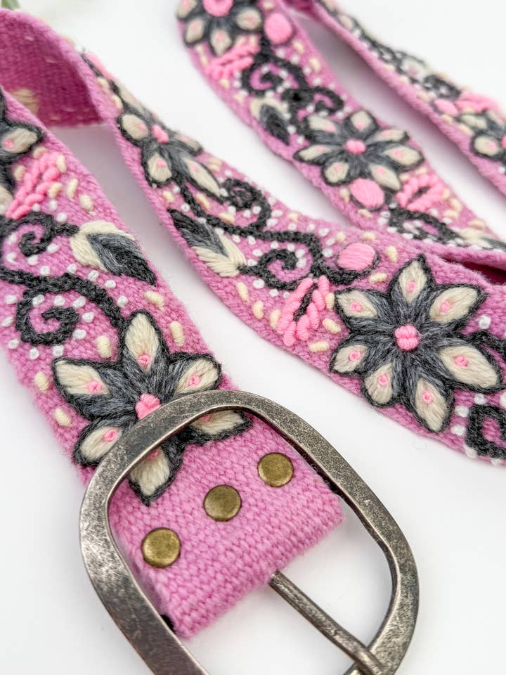 Pink Magnolia Wide Embroidered Belt for wholesale by Artesana Love