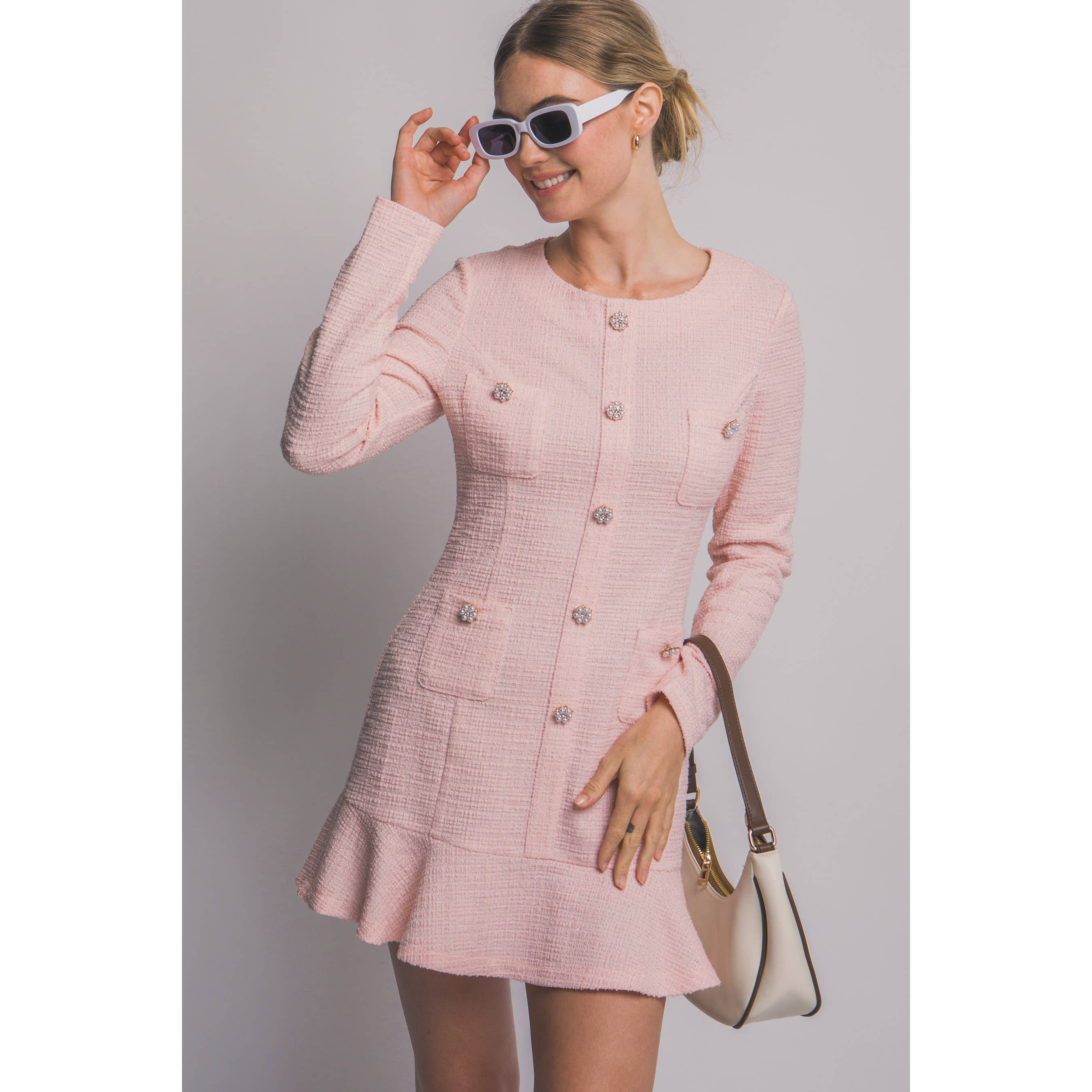 Paperdoll - Wholesale Dress - Women's - Long Sleeve Tweed Single Breasted Dress6