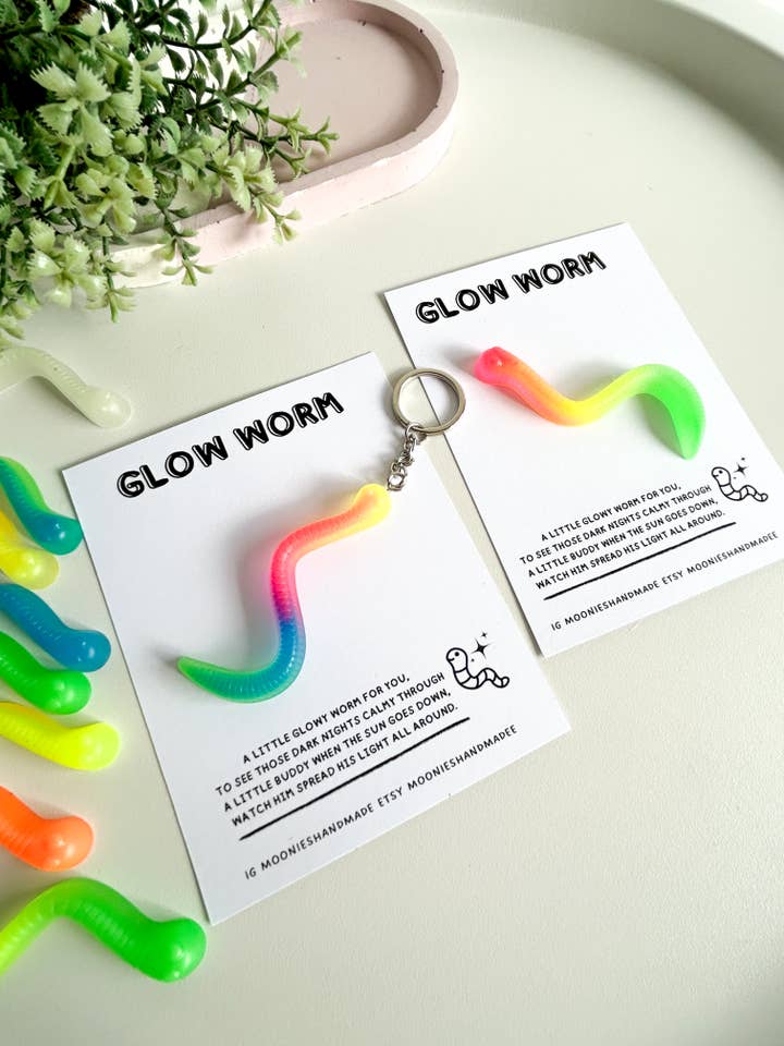 Glow Worm Keychains, Glow In The Dark Keyrings, Worm Keyring for wholesale by Moonieshandmade