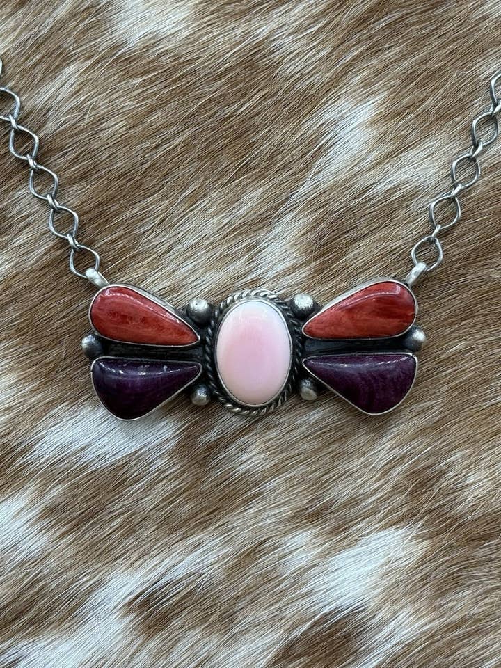 Navajo Handmade Sterling Silver Multi Stone Color Cluster Bar Necklace 18” for wholesale by Native City Jewelry