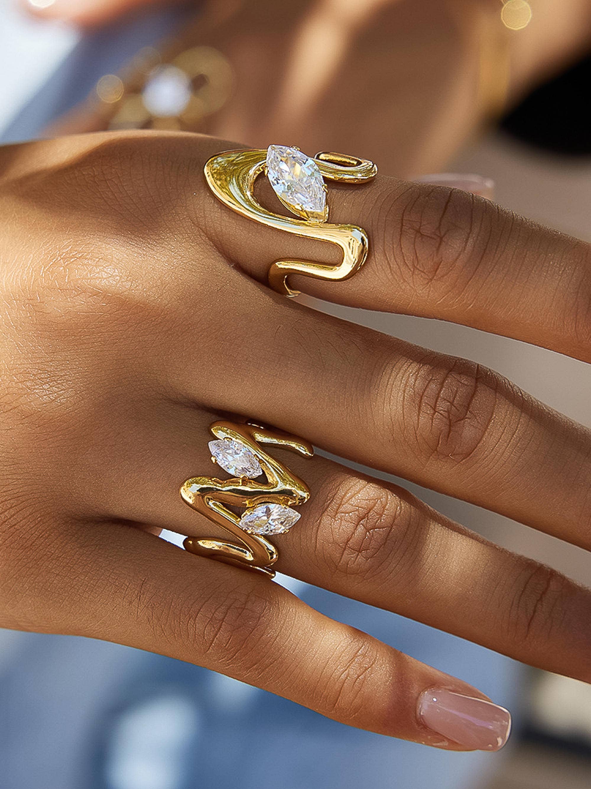 Or jaune Bague ouverte Vana en or 18K non ternissable avec marquise CZ en vente sur Faire3