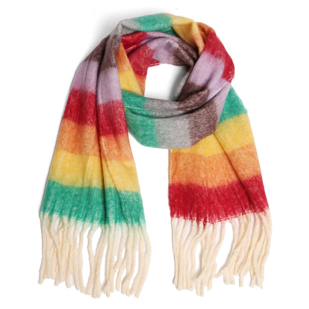 Fashion City - Wholesale Scarf - Unisex - Rainbow Color Striped Chunky Oblong Scarf Shawl0