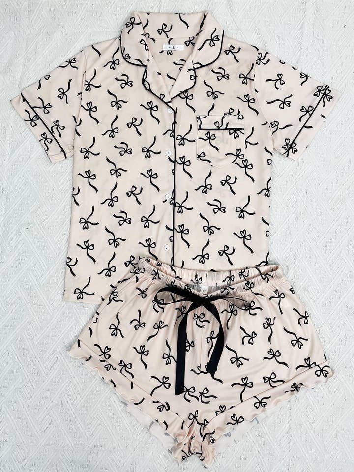 Begie Bow print pajamas 2 pcs t-shirt top & shorts set for wholesale on Faire