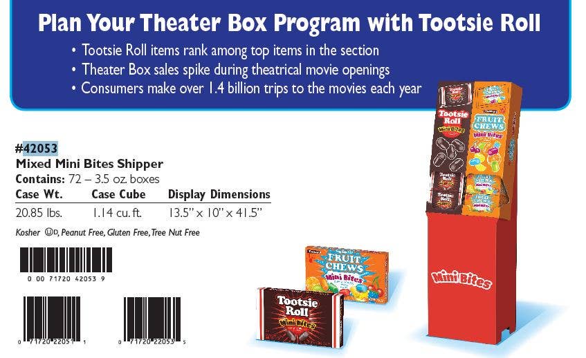 Shop The King - Wholesale Retailer Display - Food & Drink - Tootsie Mini Bites Theater Box Display Shipper Floor 72ct