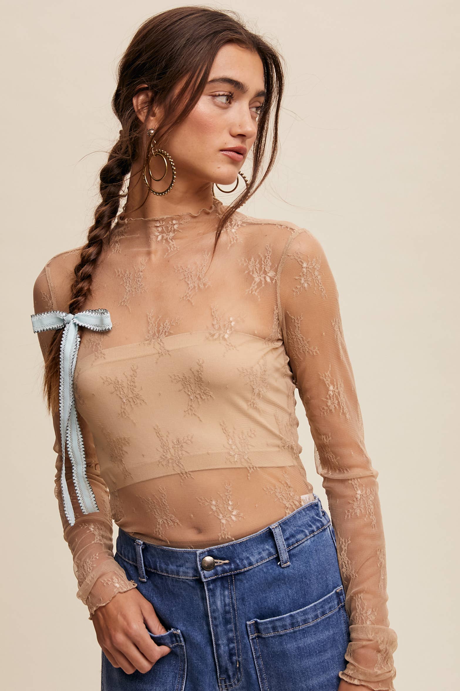 Listicle - Wholesale Blouse - Women's - Sheer Lace Long-Sleeve Top93