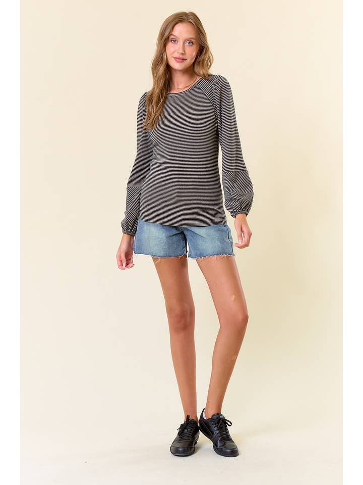 Doe and Rae - Wholesale Knit Top - Women's - Round Neck Bubble Long Sleeve Striped Top - 44767T14