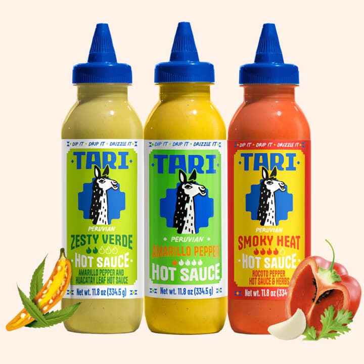 Tari Hot Sauce 3pk - Amarillo + Verde + Smoky - 11.8 oz each for wholesale by Tari Peruvian Hot Sauce