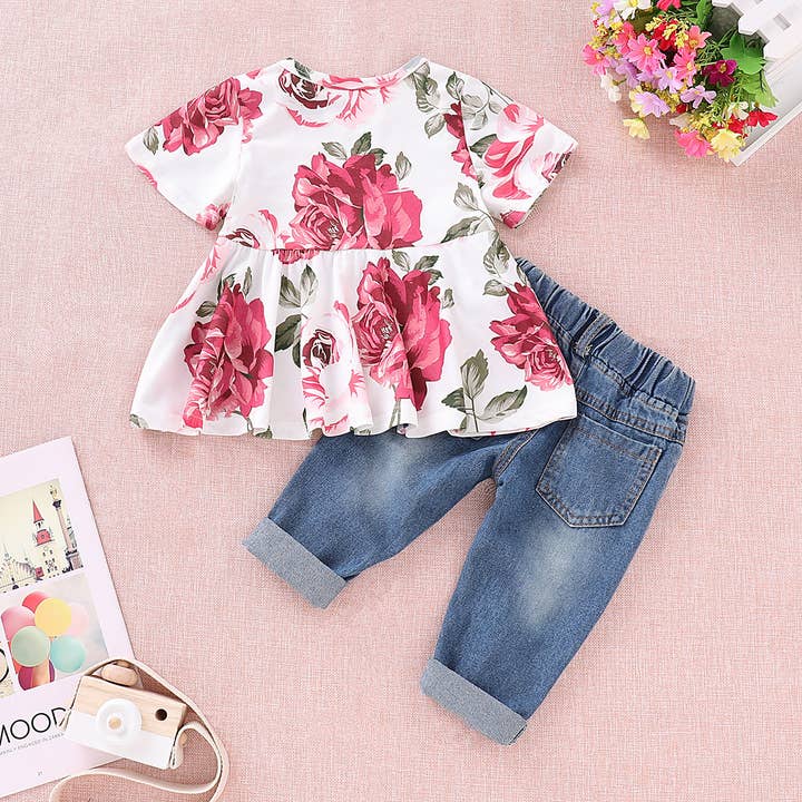 Multi color 2pcs Baby Girl 95% Cotton Denim Ripped Jeans and Floral Tops for wholesale on Faire