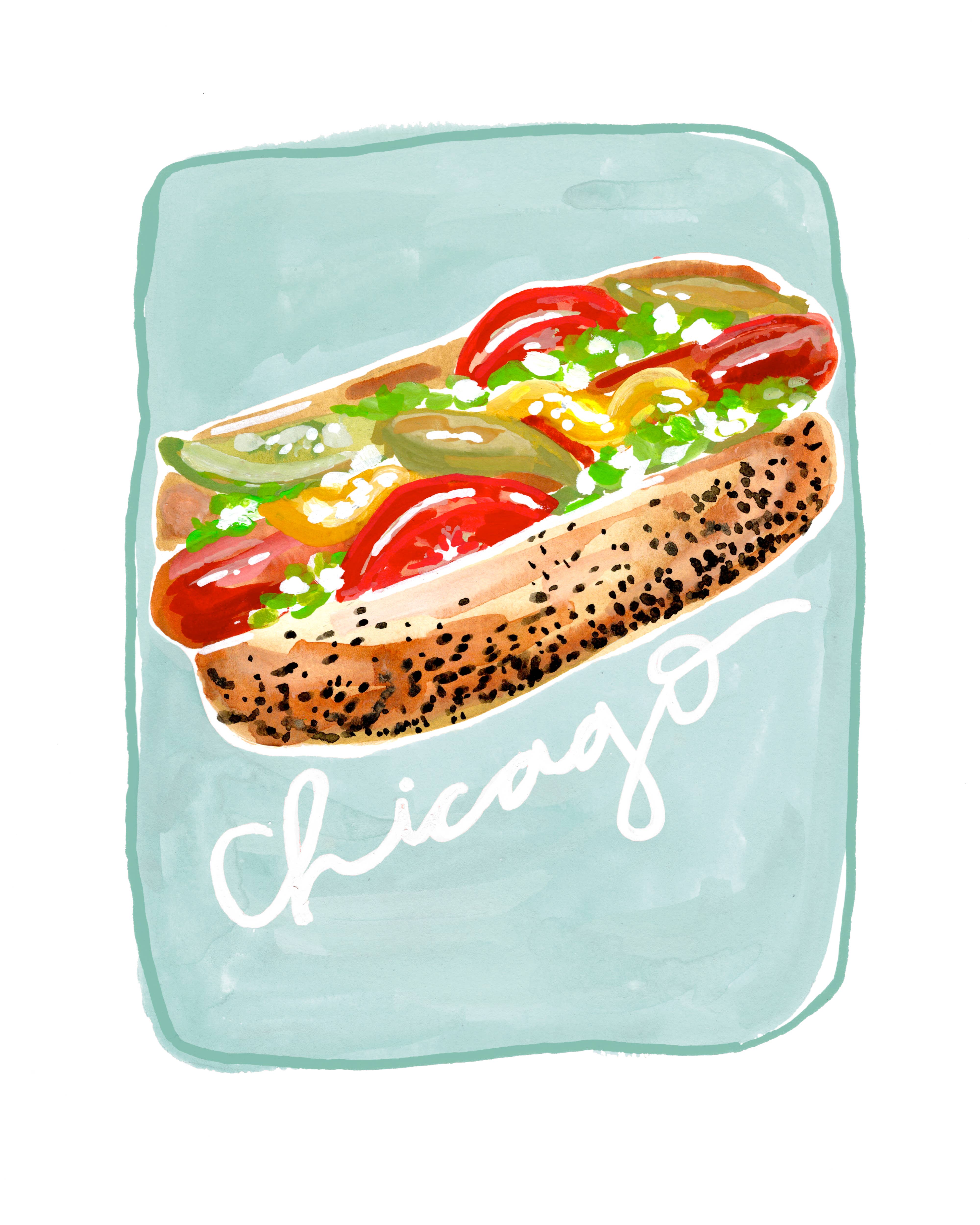 Rachel Reynolds Art - Wholesale Art Print - Chicago Style Hot Dog Art Print (Multiple Color Options)6