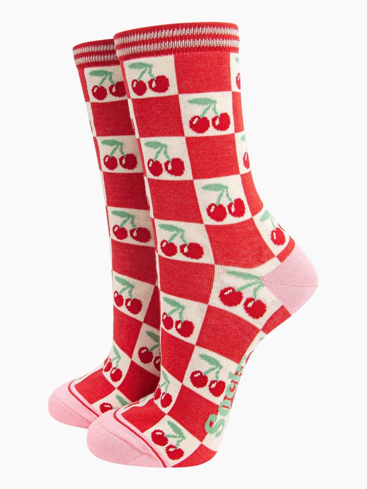 Women's Bamboo Socks - Cream/Red, Cherry Squares for wholesale by Sock Talk