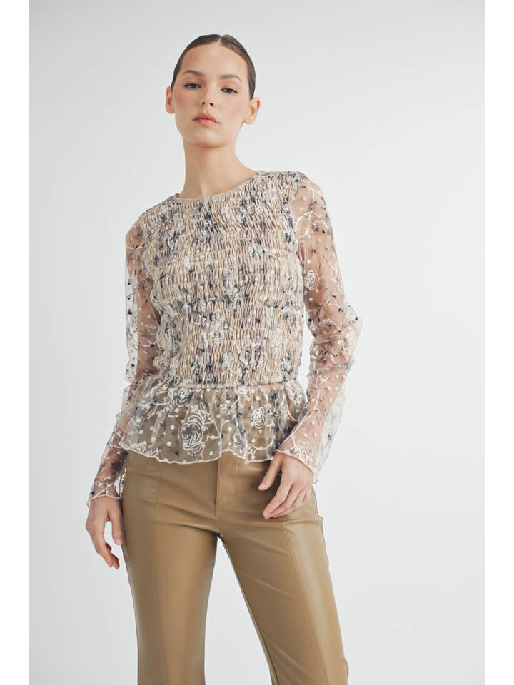 cream Sheer Smocked Embroidered Mesh Peplum Top for wholesale on Faire12