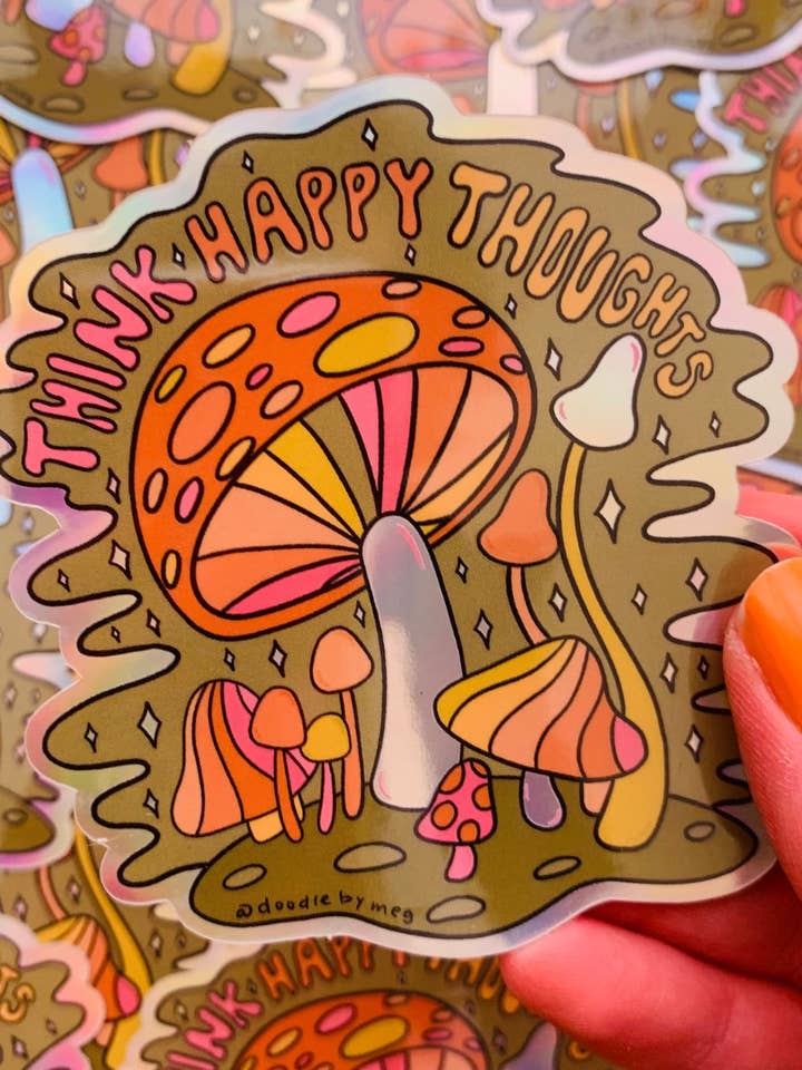 Think Happy Thoughts Holografische sticker voor wholesale door Doodle By Meg