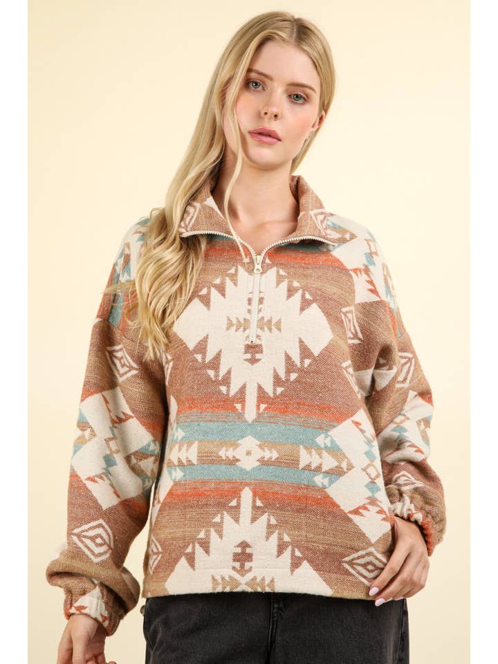 VERY J - Wholesale Sweatshirt - Women's - NT11854X-PLUS SIZE Aztec Printed Henley Woven Pullover Top