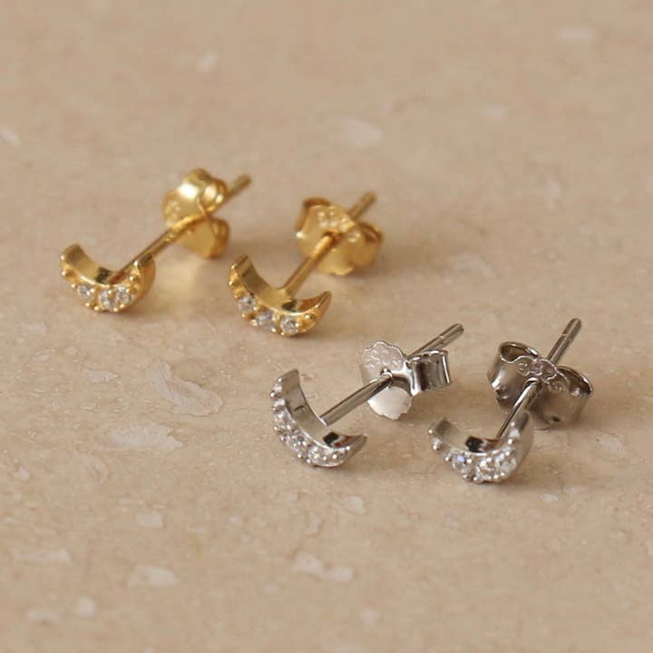 Gold or Silver Micro Moon Studs for wholesale by Little Nell Jewellery