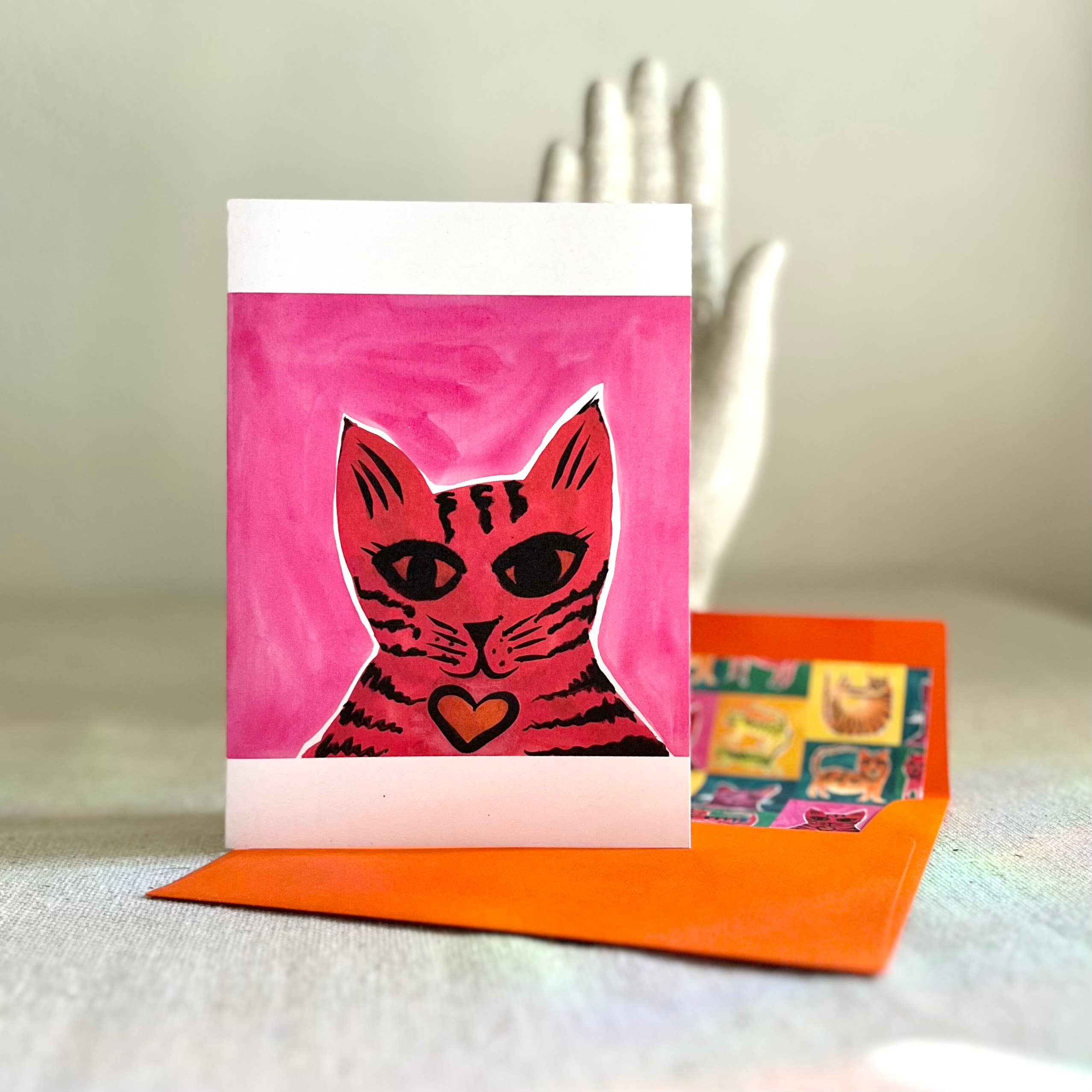 Renée Stramel - Wholesale Stationery/Notecard Set - A6 Blank Note Card With Custom Envelope Liner • Cat Heart