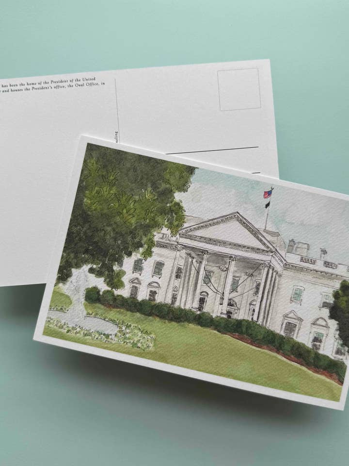 Carte postale de la Maison-Blanche – Art aquarelle de Washington DC pour la vente par Alexandra Schmeling Fine Art
