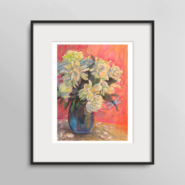 Fine Art Print, 11x14 Unframed, Bouquet Peonies Dragonfly for wholesale by Mary Pow Designs