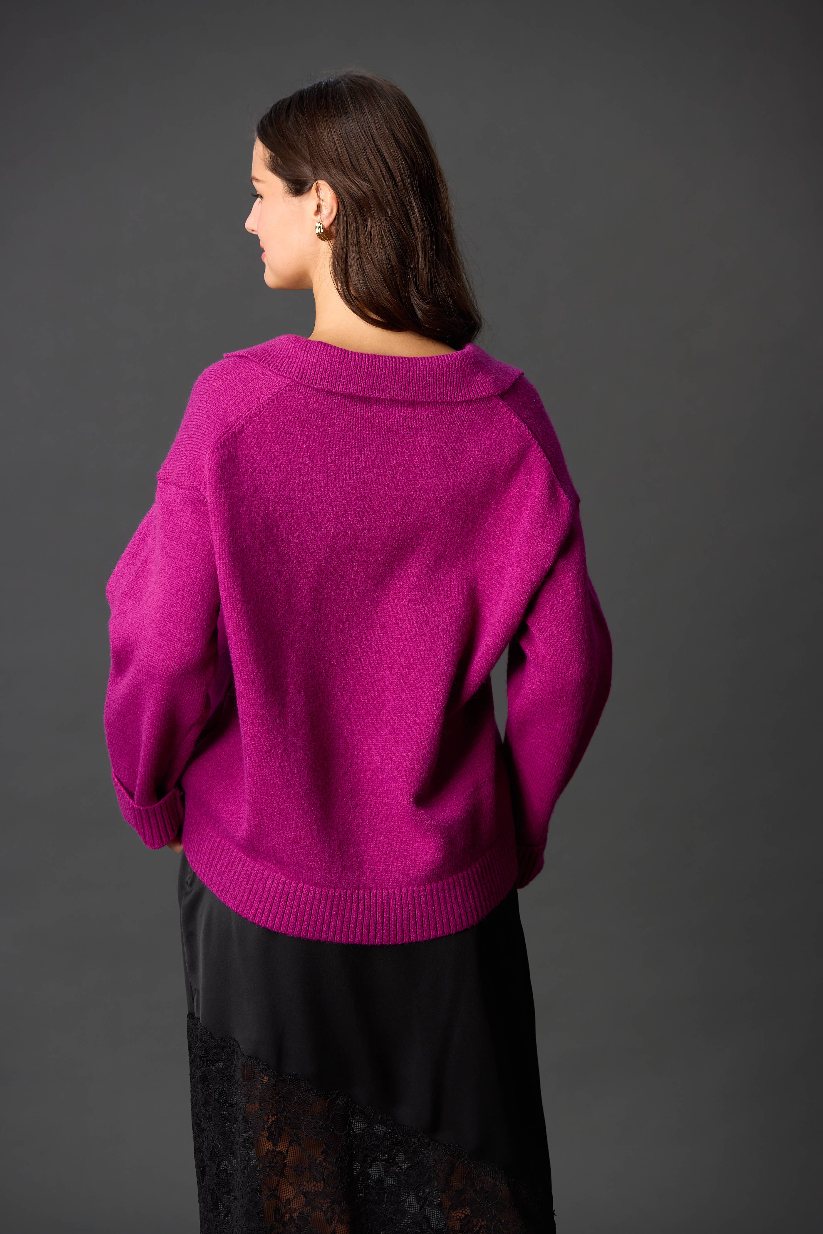 Dark Raspberry Knit Collared V Neck Ribbed Border Sweater Top	 for wholesale on Faire6
