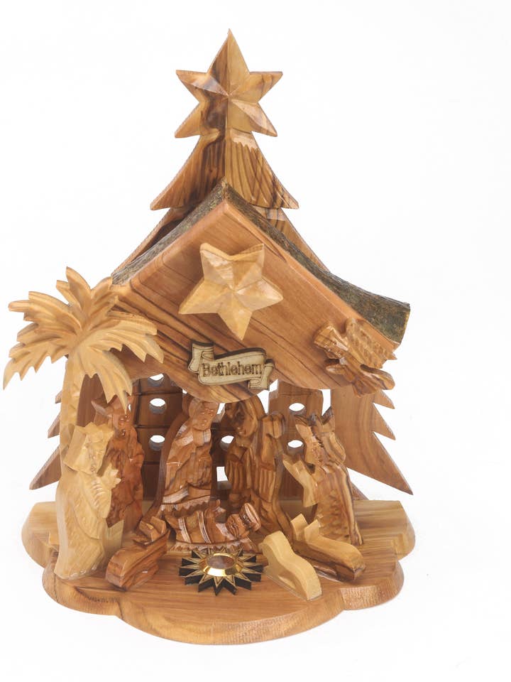 Olive Wood Nativity Scene_ Musical with Star for wholesale by Holyland Artisans