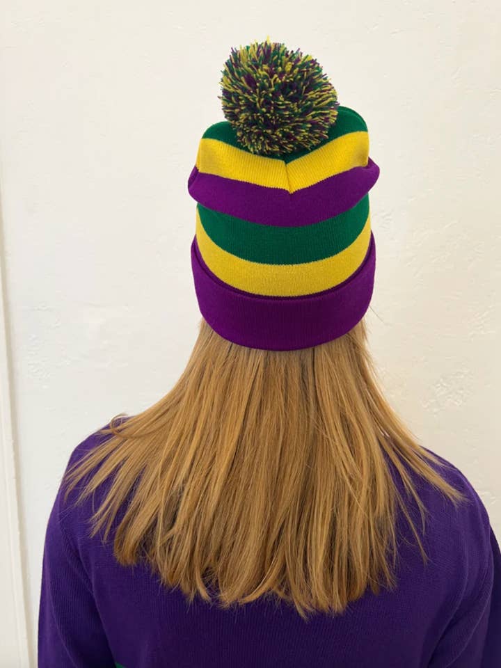 Mardi Gras Stripe Beanie with Pom Pom - Purple, Green, Gold for wholesale by Mardi Gras Creations