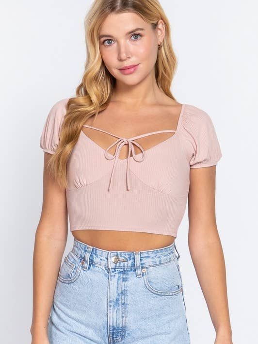 Short Sleeve With Front Ribbon Tie Detail Crop Top for wholesale by Active Basic | Active USA