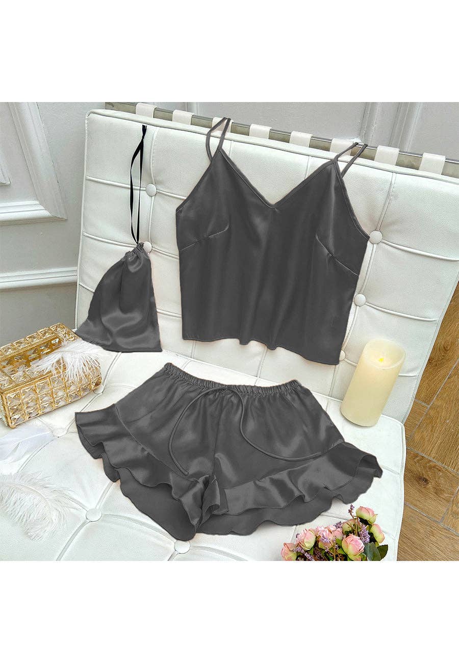 Anna Kaci Wholesale - Wholesale Lounge Set - Women's - Satin Tank and Ruffle Hem Shorts0