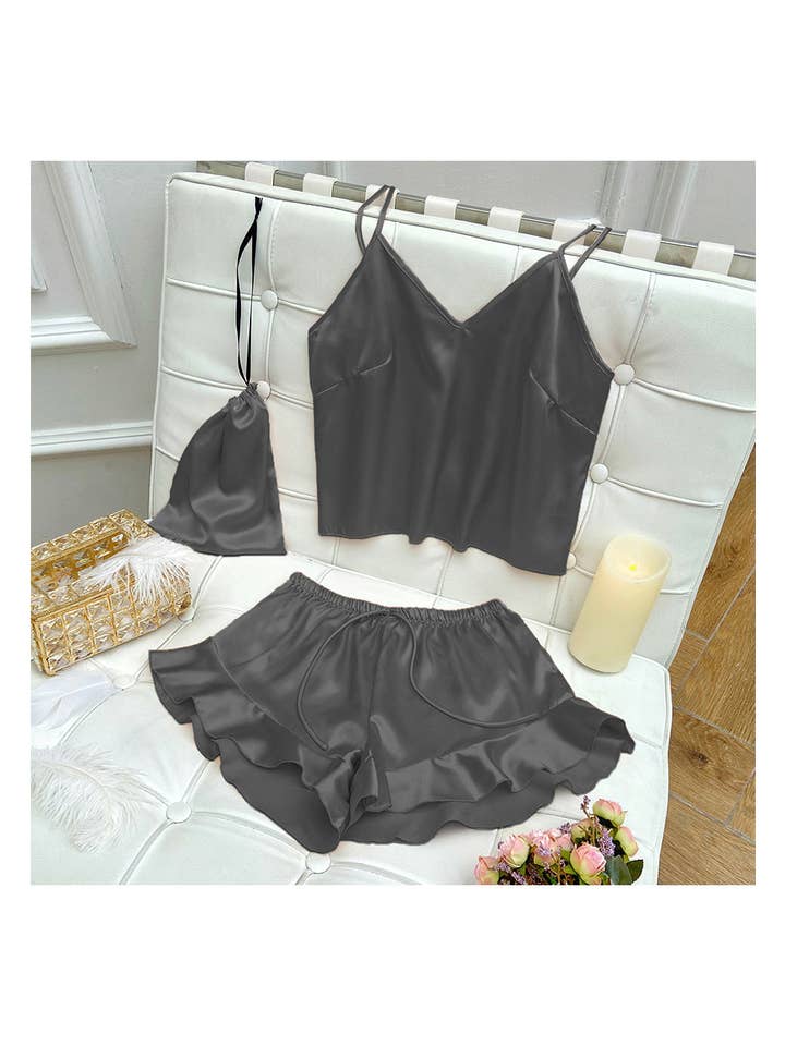 Anna Kaci Wholesale - Wholesale Lounge Set - Women's - Satin Tank and Ruffle Hem Shorts