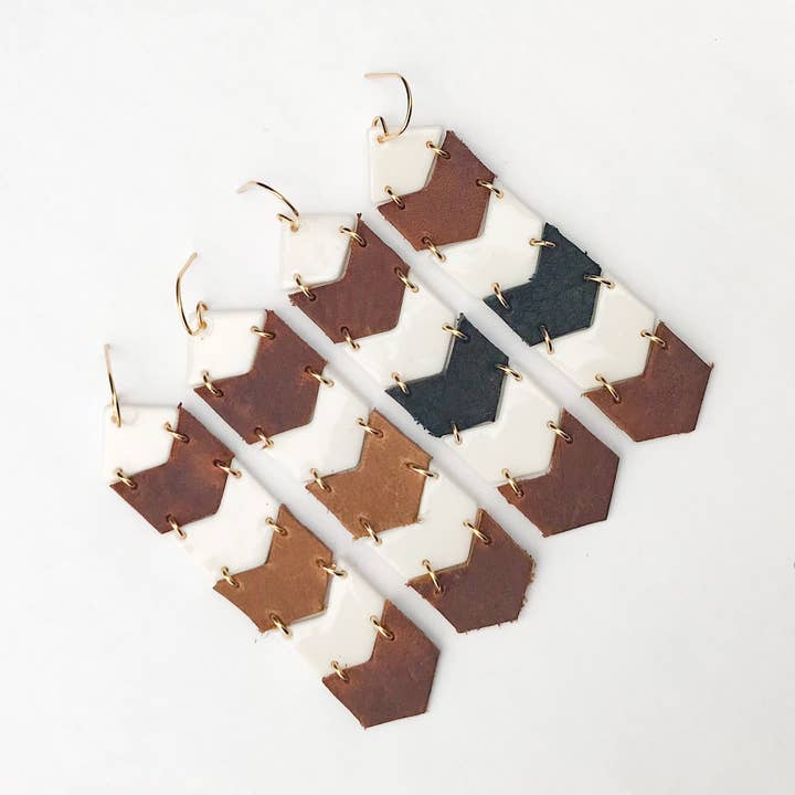 leather and porcelain chevron earrings for wholesale by Remnant Studios