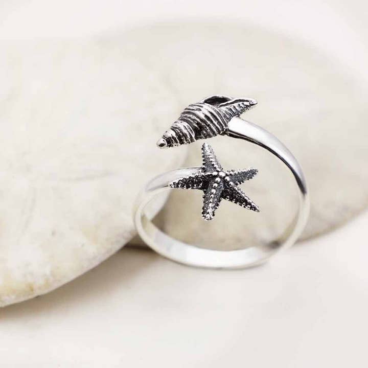 Nina Designs - Wholesale Cocktail/Statement Ring - Sterling Silver Adjustable Starfish and Conch Shell Ring