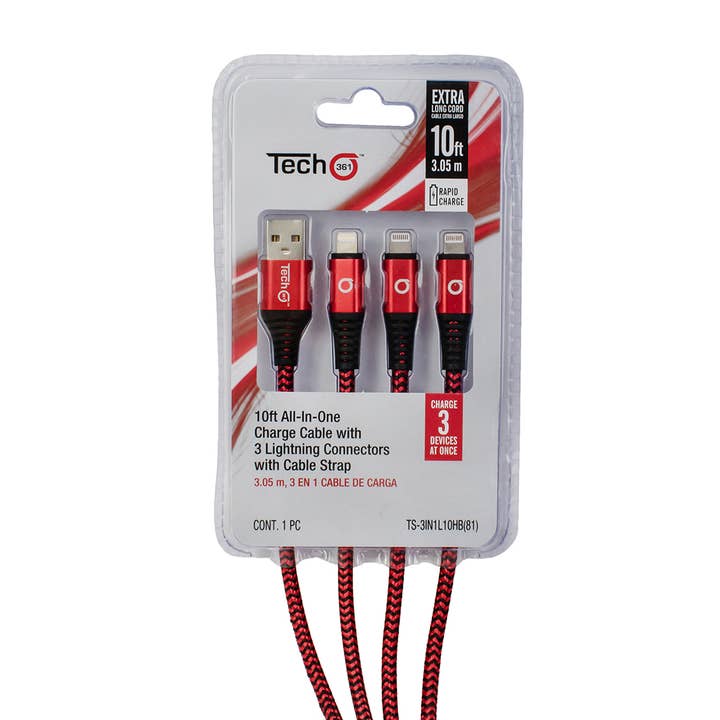 TUDO EM UM CABO DE CARREGAMENTO DE 10 PÉS COM 3 CONECTORES PARA IPHONE por atacado de iTech361