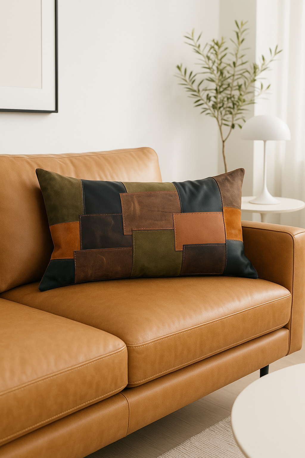 MLC - Venta al por mayor Almohadas lumbares - Cojín Lumbar de Cuero Patchwork en Tonos Tierra – Almohada Decorativa3