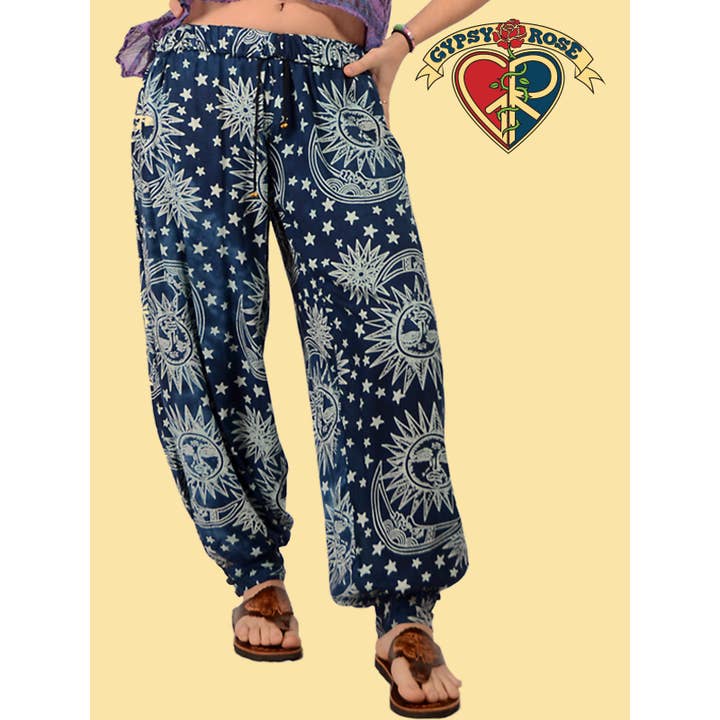 Celestial Star Moon Print Rayon Button Cuff Harem Pants for wholesale by Gypsy Rose