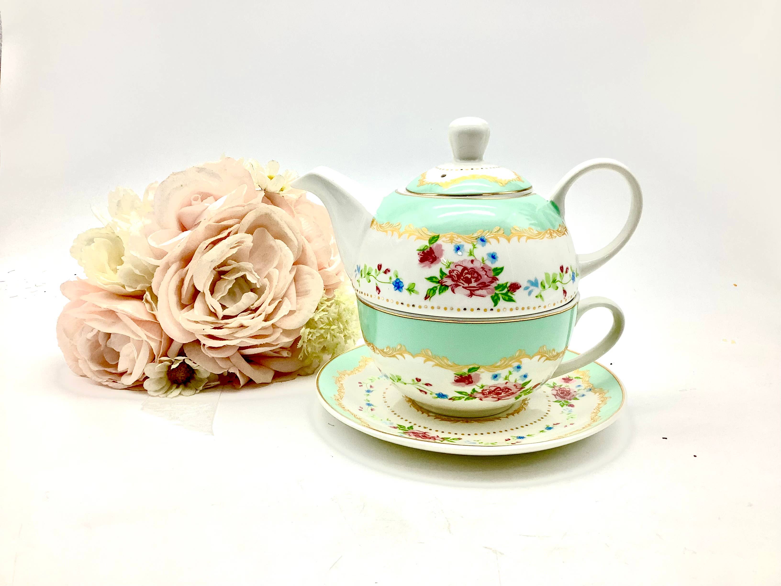 All Little Cute Things - Wholesale Tea Set - Tea for One Gift Se French Rococo delicate gold blush roses 2