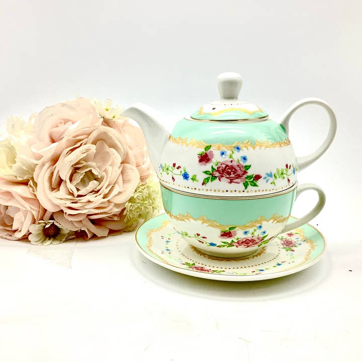 All Little Cute Things - Wholesale Tea Set - Tea for One Gift Se French Rococo delicate gold blush roses 2