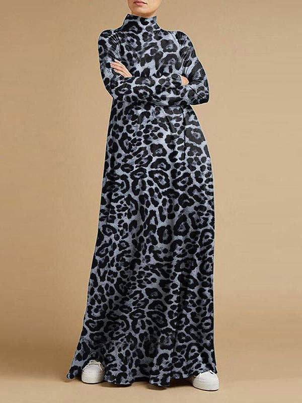 FurDecoration - Vendita all'ingrosso Vestito - Donna - Abito lungo casuale a collo alto con stampa leopardata.4