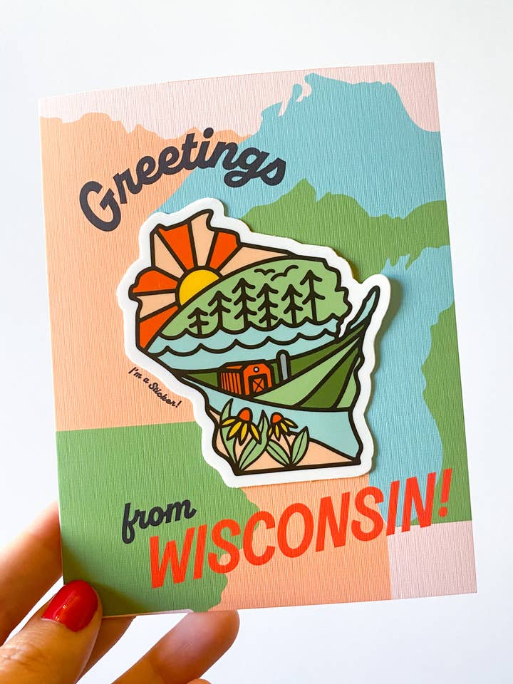 Greetings from Wisconsin (Card + Vinyl Sticker!) for wholesale by Bottlebrush Graphics