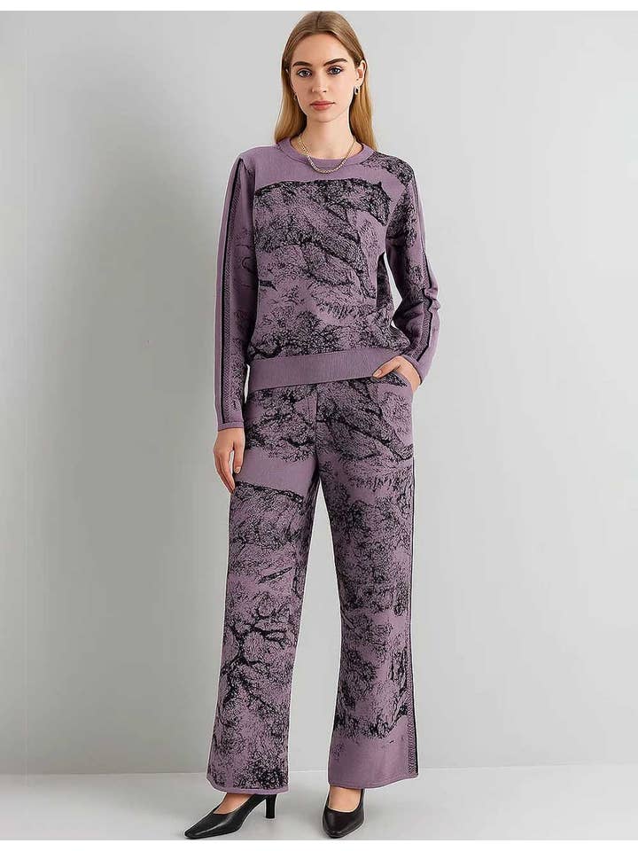 Sweetkama - Wholesale Lounge Set - Women's - Ladies Color Block Tiger Pattern Knit Sweater & Pants 2PCS Set9