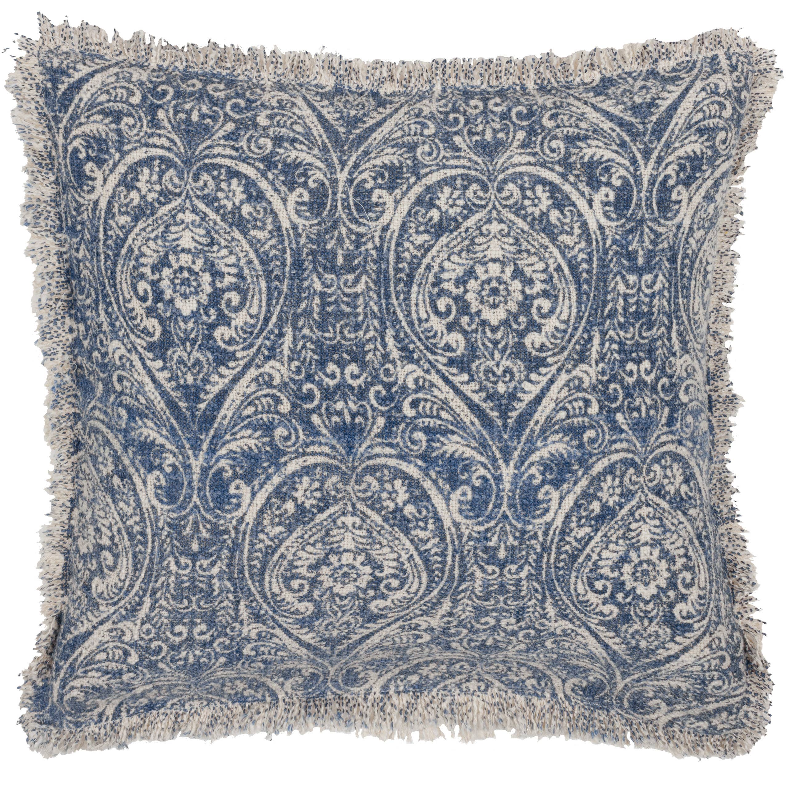 Durelle Damask Fringed Cushion Delph Blue for wholesale on Faire1