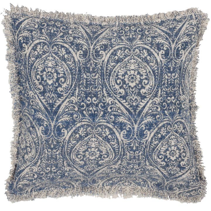 Durelle Damask Fringed Cushion Delph Blue for wholesale on Faire1
