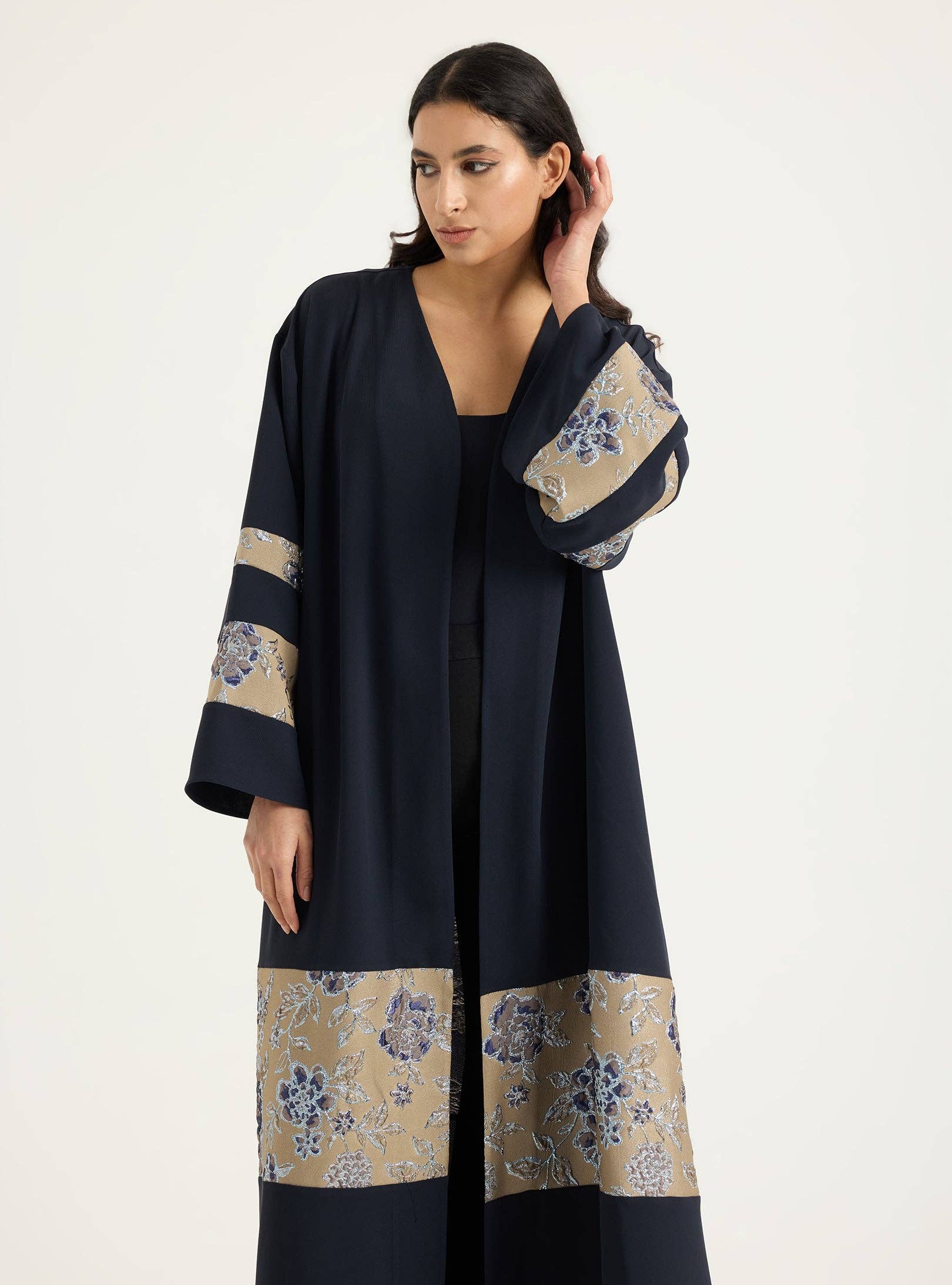 Store WF – wholesale Kaftan – Women's – Navy Flower Detailed Jacquard Abaya4