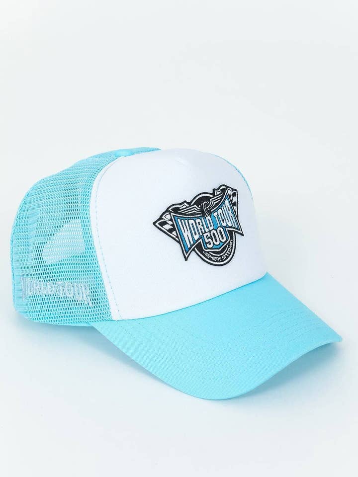 Neon Blue Racing Patch Trucker Hat for wholesale by World Tour