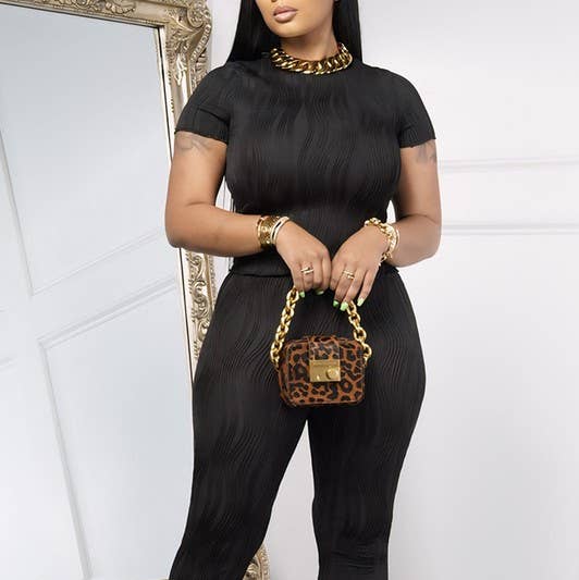 Solid color wavy bliss casual top with flare pants set for wholesale by Color 5