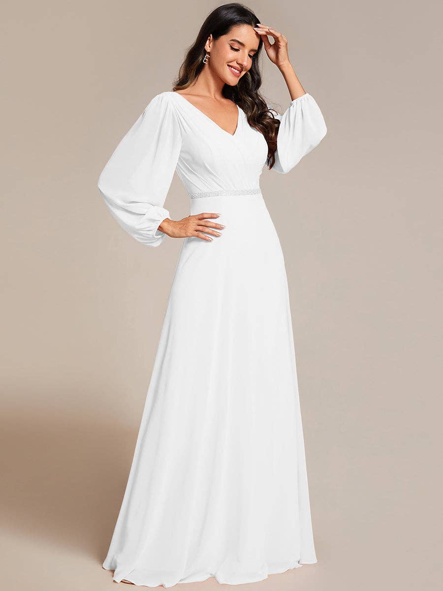 Ever-Pretty - Wholesale Gown - Women's - Elegant waisted chiffon V-neck Long Sleeve guest Dress35