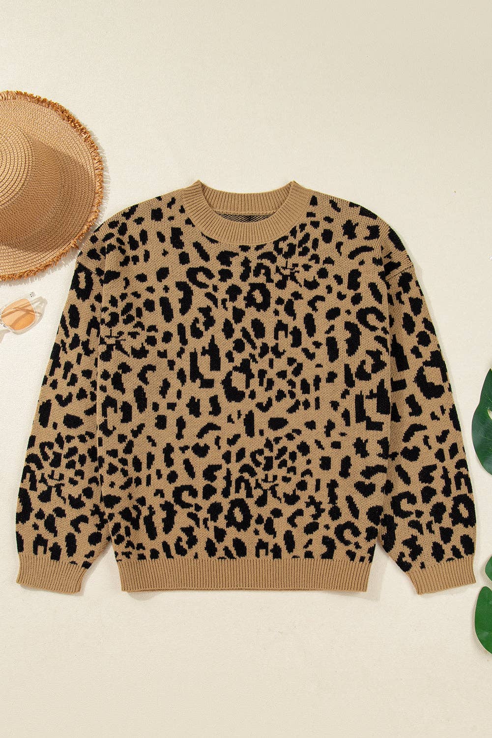 Light French Beige Leopard Ribbed Trim Crewneck Drop Shoulder Sweater for wholesale on Faire1